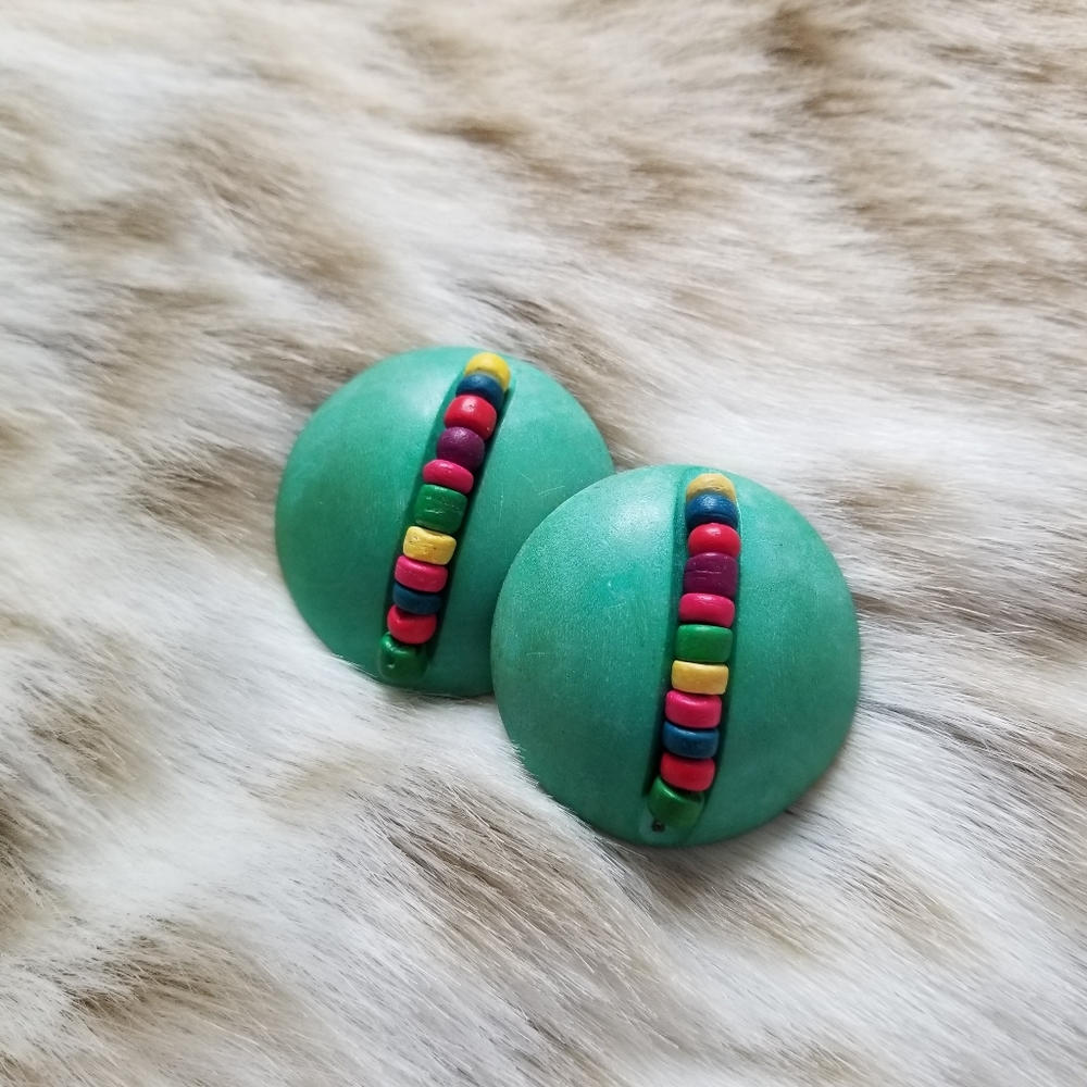 Vintage 90s Wooden Beaded Button Earrings- Teal & Rainbow Post Back